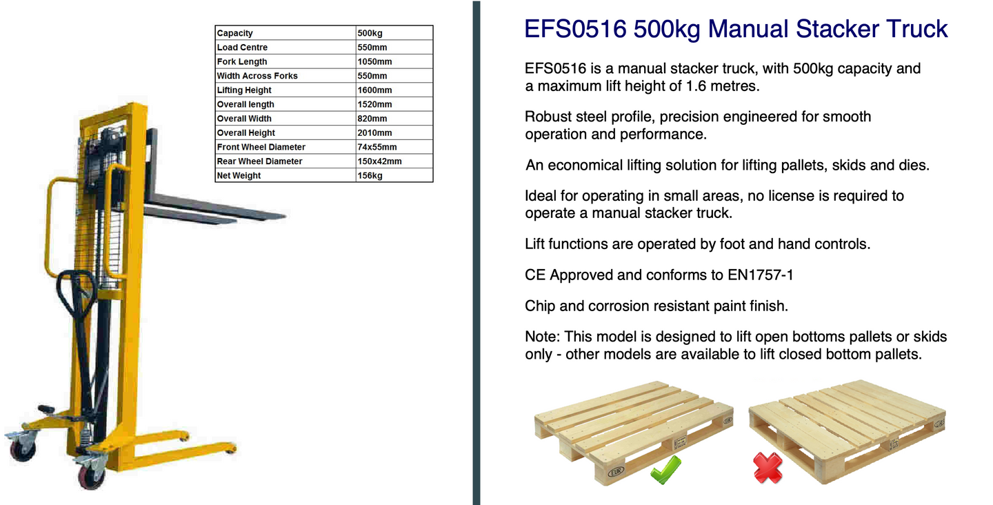 500Kg Standard Leg Manual Hydraulic Stacker Lifter 1.6M Lift 