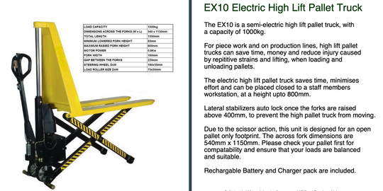 1T Electric Powered Scissor Lift Pallet Jack 540mm wide 