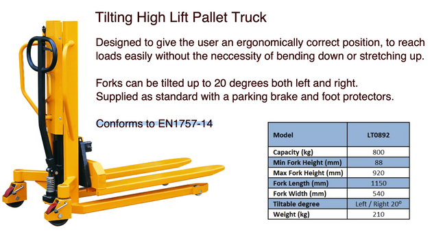 Tiltable  High Lift Pallet Truck 800kg Capacity