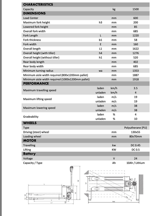 1500kg Capacity Wide Fully Electric Pallet Truck with Lithium Battery