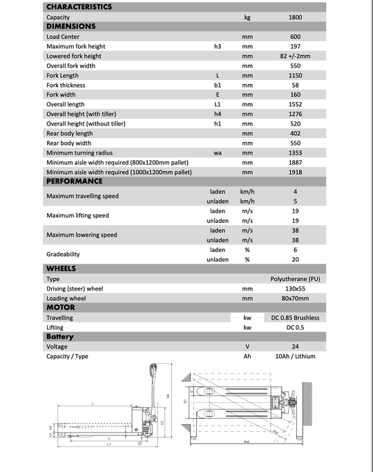 1500Kg Capacity Heavy Duty Lithium Battery Fully Electric Pallet Truck