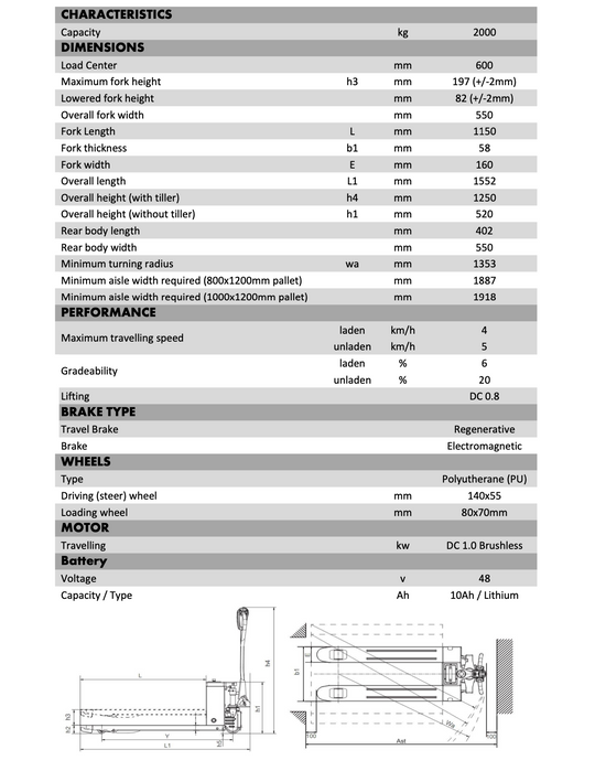 2000kg Heavy Duty Fully Lithium Battery Electric Pallet Truck