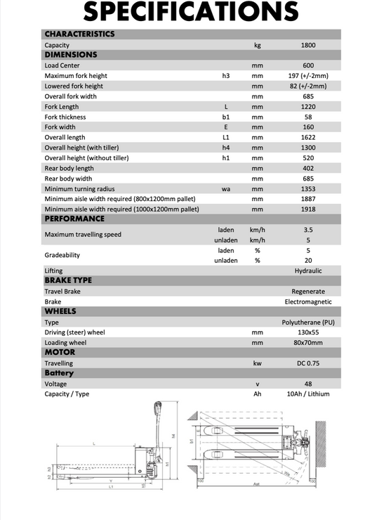 1800kg capacity Wide Semi Electric Pallet Truck with Lithium Battery