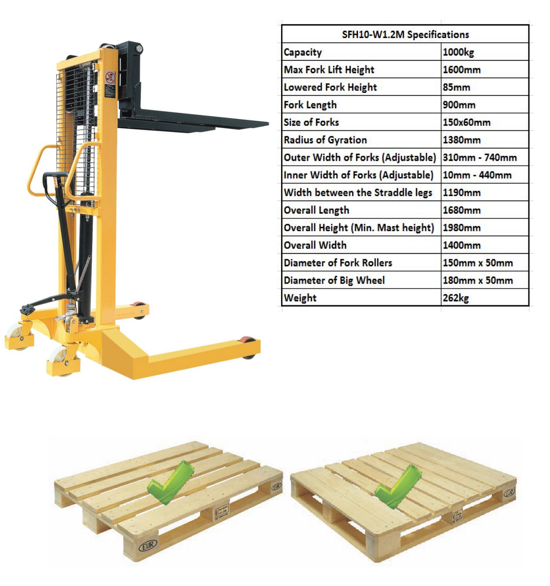 Manual Stacker Lifter Straddle Leg 1T Lift Height 1600MM