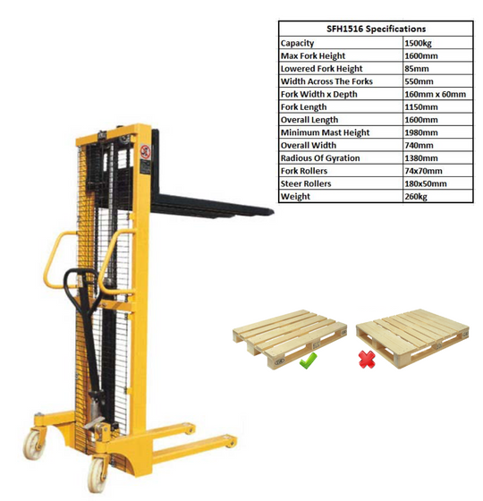 Manual Standard Pallet Stacker Capacity 1500KG  Lift 1600MM