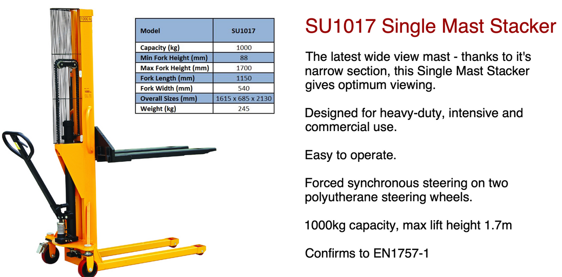 1000kg Single Mast Manual Stacker Lifter Truck 1.7m