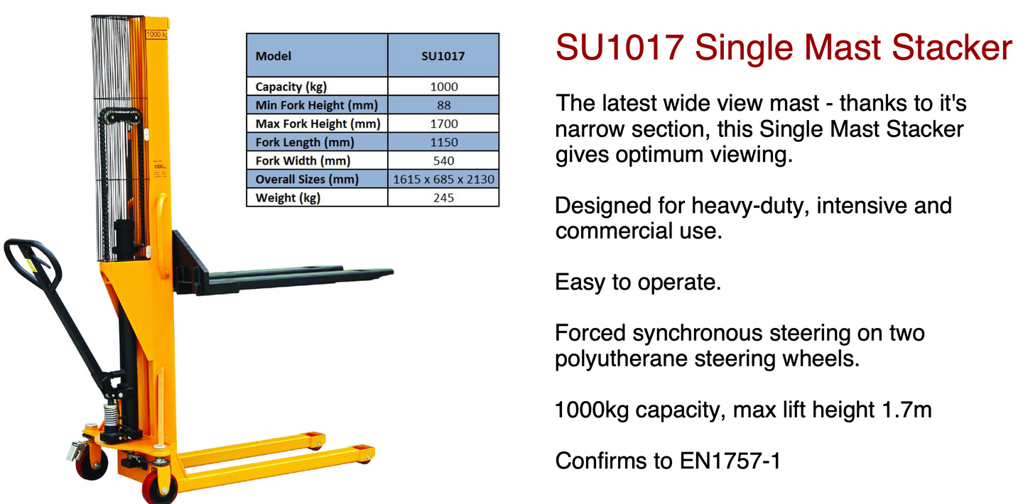 1000kg Single Mast Manual Stacker Lifter Truck 1.7m
