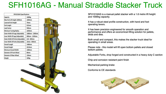 1000kg capacity Manual Stacker Lifter Truck with Adjustable Base Legs 1.6m lift height