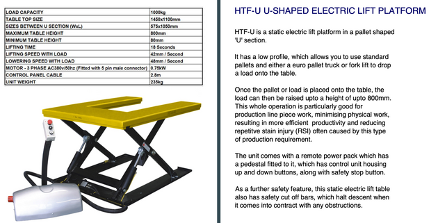 Low Profile U Shape Electric Scissor Table Lifter 1000Kg