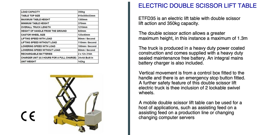 Mobile Electric Double Scissor Lift Table 350kg Maximum Lift Height 1.3m