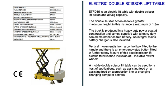 Mobile Electric Double Scissor Lift Table 350kg Maximum Lift Height 1.3m