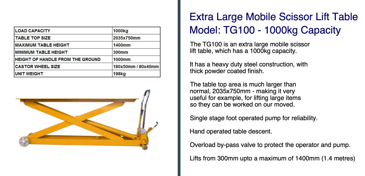 Manual Extra Large Scissor Lifter Table Lifter Capacity 1000Kg