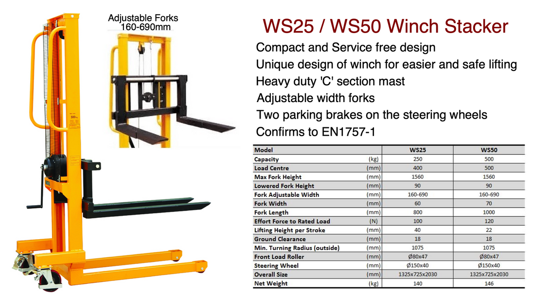 250kg Capacity Hand Winch Stacker 1.56m Lift High