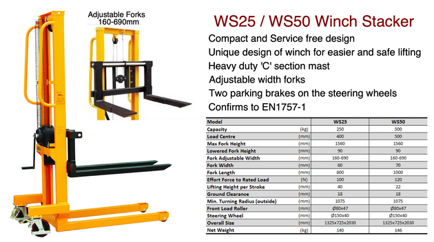 500kg Capacity Hand Winch Stacker 1.56m Lift High